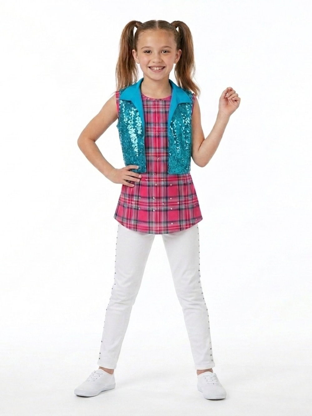 Revolution | 3 Piece Pink Blue Sequin Vest Plaid Tunic White Denim Costume, XLC